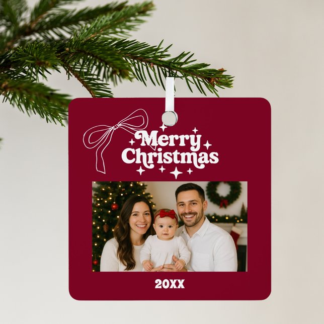 Merry Christmas burgundy photo bow hand-drawn Metal Ornament (Creator Uploaded)