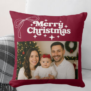 Merry Christmas burgundy photo bow hand-drawn Throw Pillow