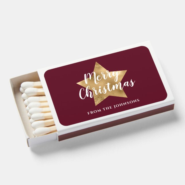 Merry Christmas Burgundy Red Gold Star Matchboxes (Front Open)