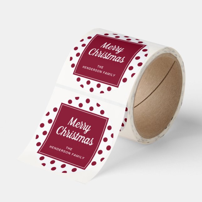 Merry Christmas Burgundy Red Polka Dots Classic Round Sticker (Roll)