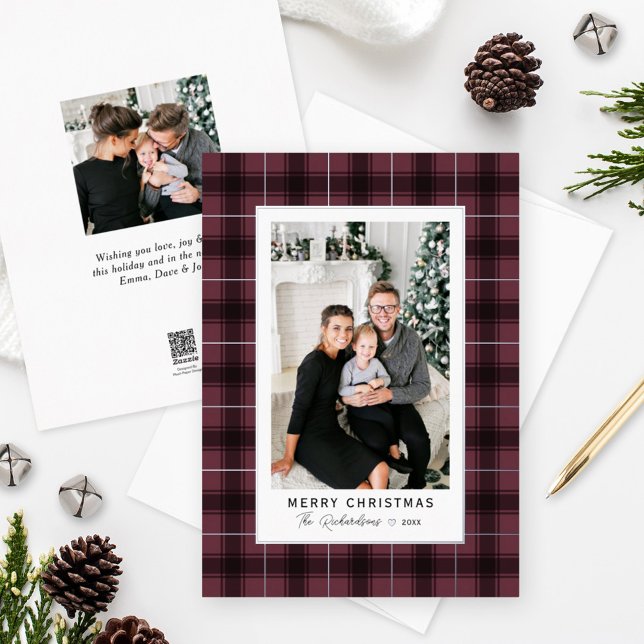 Merry Christmas Burgundy Silver Tartan Plaid Photo Foil Holiday Card (Creator Uploaded)