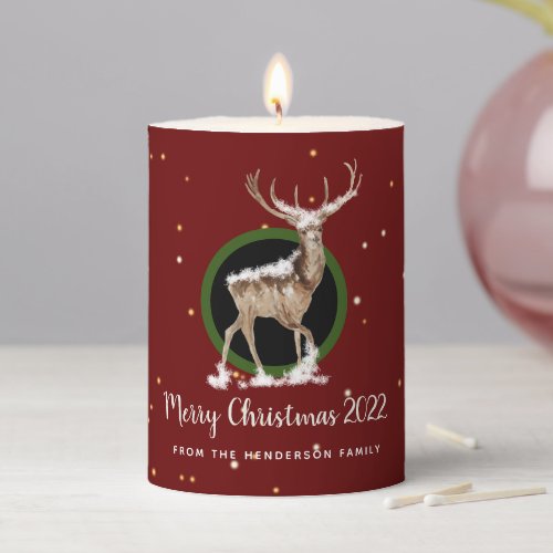 Merry Christmas Burgundy Snowy reindeer Card Pillar Candle
