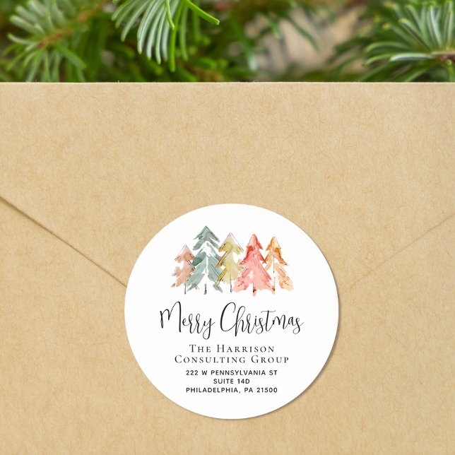 Merry Christmas Business Holiday Return Address Classic Round Sticker (Creator Uploaded)