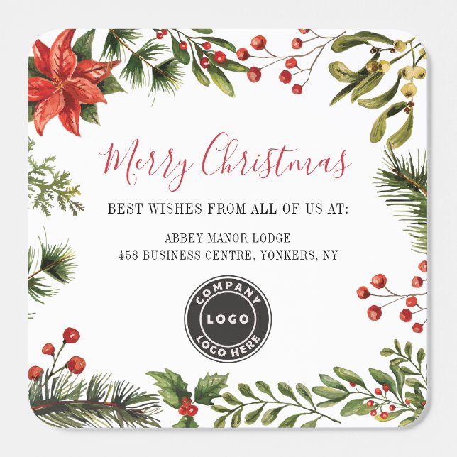 Merry Christmas Business Logo Botanical Script Square Sticker (Single)