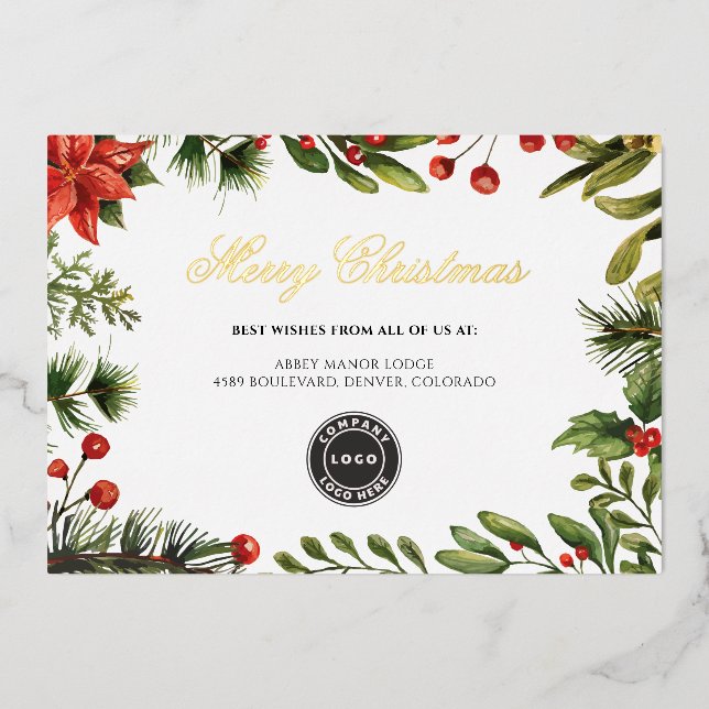 Merry Christmas Business Logo Company Gold Foil Holiday Card (Front)