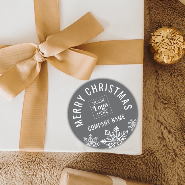 Merry Christmas Business Logo Company Name Gray Classic Round Sticker (Creator Uploaded)