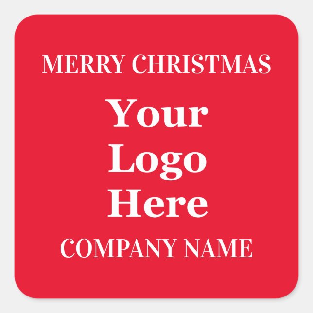 Merry Christmas Business Logo Name Red and White Square Sticker (Front)