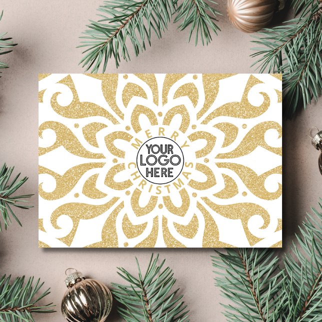 Merry Christmas Business Logo Snowflake Gold  Holiday Card (Creator Uploaded)
