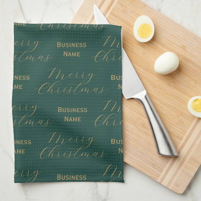 Merry Christmas Business Name Green Employee Kitchen Towel (Quarter Fold)