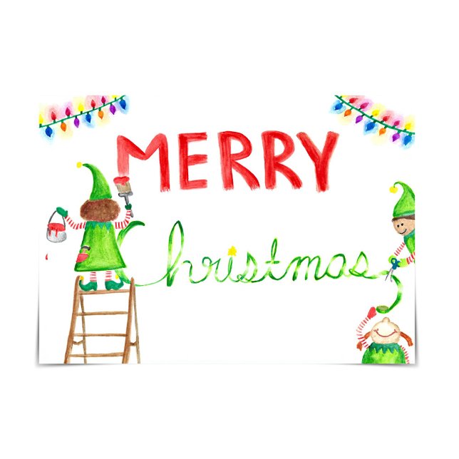 "Merry Christmas" Busy Elves Art Watercolour Card (Creator Uploaded)