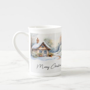 Merry Christmas Cabin in snowy landscape Bone China Mug
