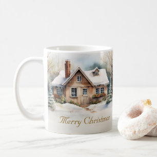 Merry Christmas Cabin in snowy landscape Coffee Mug