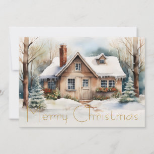 Merry Christmas Cabin in snowy landscape Holiday Card