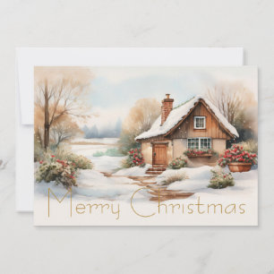Merry Christmas Cabin in snowy landscape Holiday Card