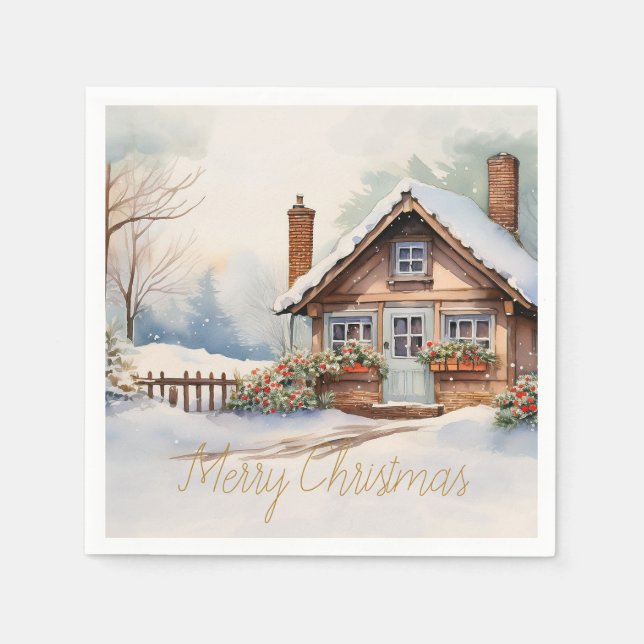 Merry Christmas Cabin in snowy landscape Napkins (Front)