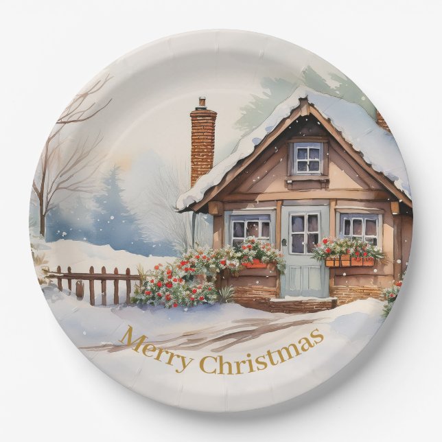 Merry Christmas Cabin in snowy landscape Paper Plates (Front)
