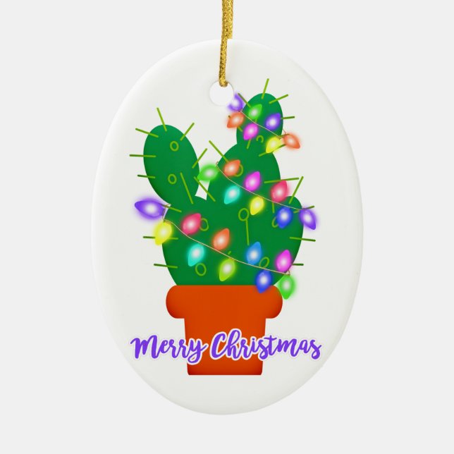 merry christmas cactus ceramic ornament (Front)