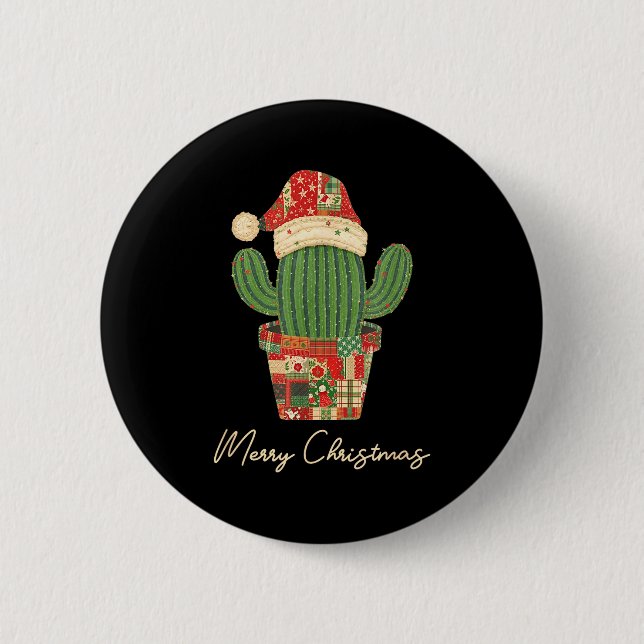Merry Christmas Cactus Patchwork Quilt  Button (Front)