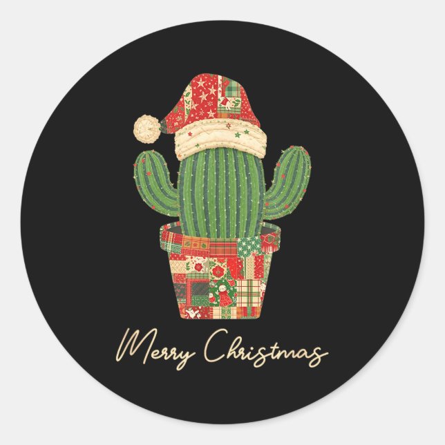 Merry Christmas Cactus Patchwork Quilt  Classic Round Sticker (Front)