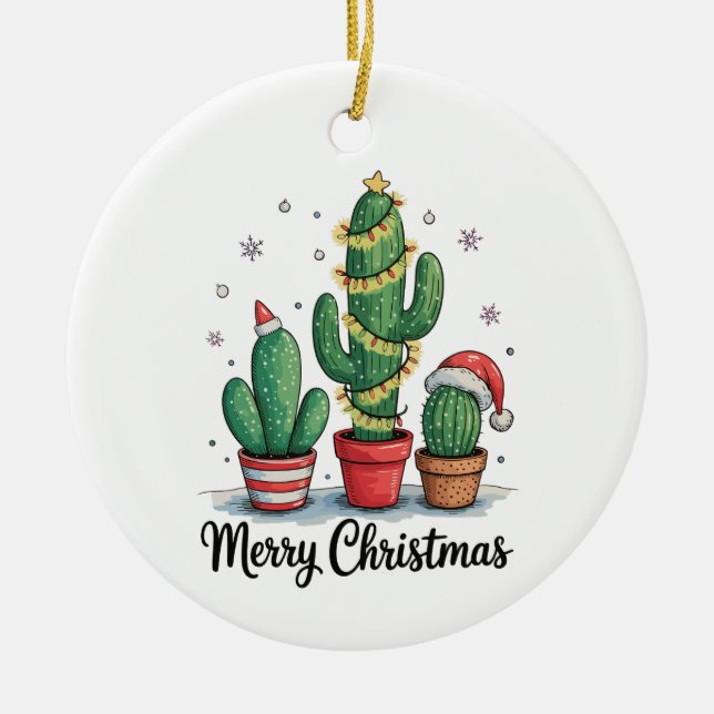 Merry Christmas Cactus Tree Festive Xmas Lights Ceramic Ornament (Front)