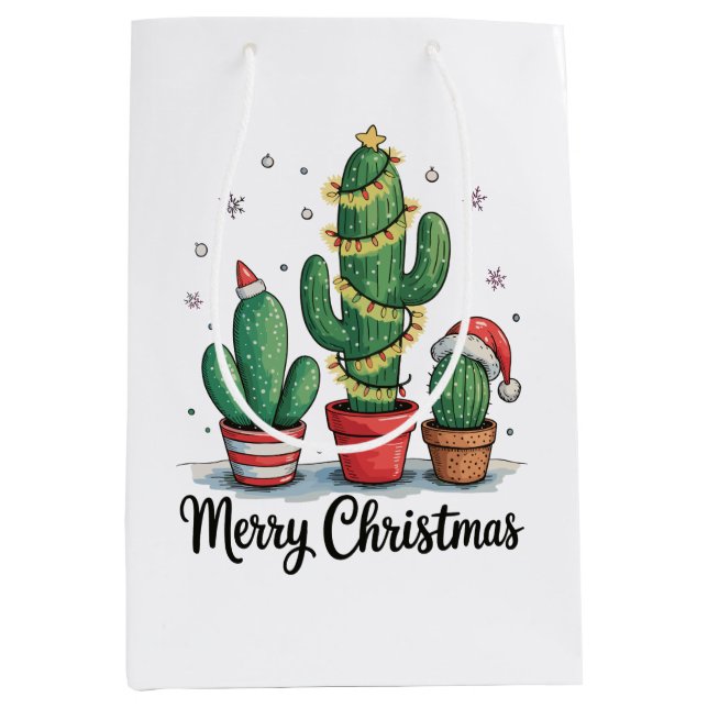 Merry Christmas Cactus Tree Festive Xmas Lights Medium Gift Bag (Front)