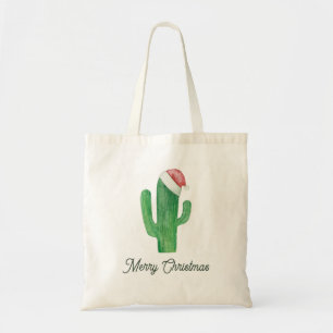 Merry Christmas Cactus with Santa Hat Holiday Tote Bag