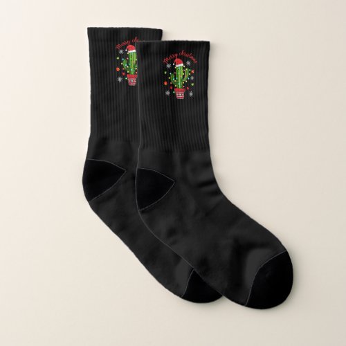 Merry Christmas Cactus With Santa Hat Light Funny  Socks