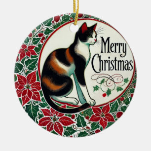 Merry Christmas Calico Cat Ceramic Ornament