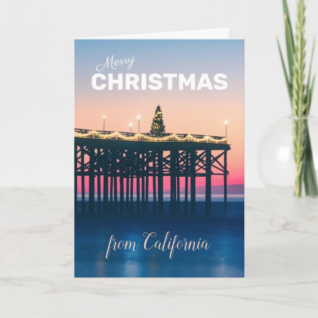 Merry Christmas California Sunset Pink Blue Custom Holiday Card (Front)