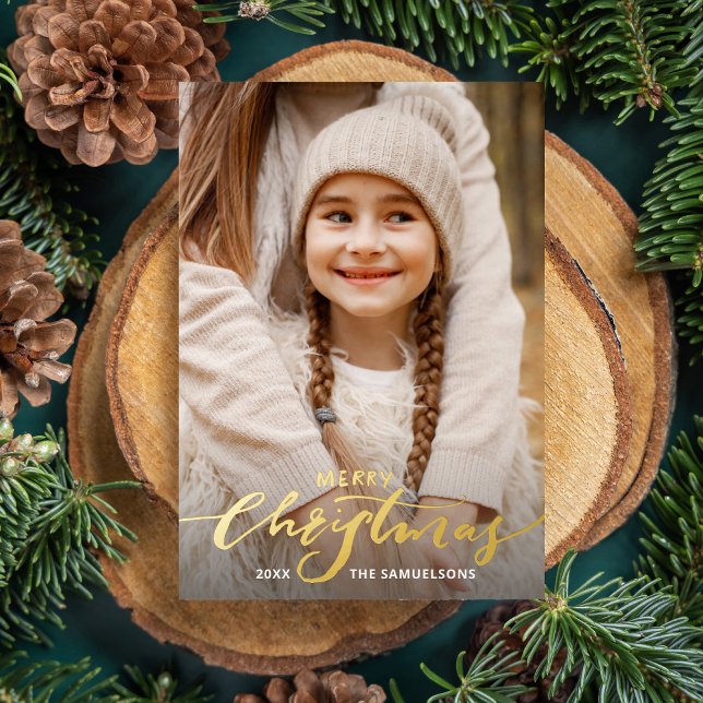 Merry Christmas Calligraphy 2 Photos Gold Foil Invitation (Creator Uploaded)