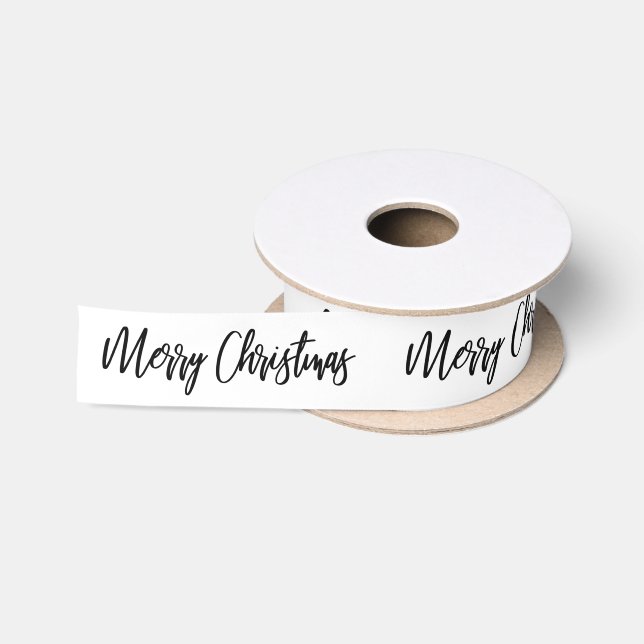 Merry Christmas Calligraphy Black White Holiday Satin Ribbon (Spool)