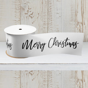 Merry Christmas Calligraphy Black White Holiday Satin Ribbon