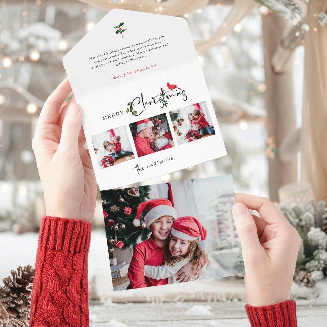 Merry Christmas Calligraphy Botanical 3 Photo All In One Invitation (Creator Uploaded)