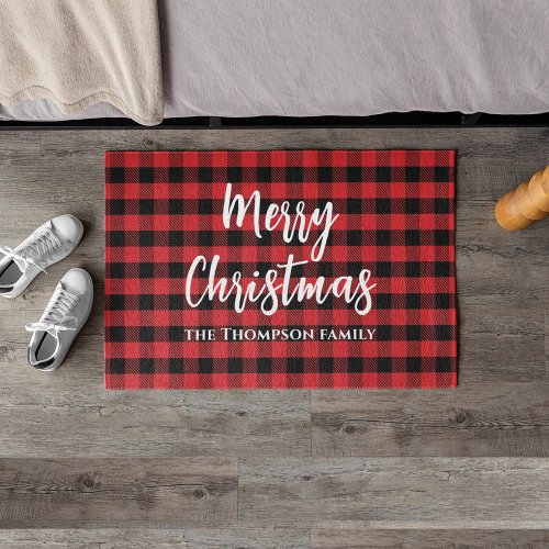 Merry Christmas Calligraphy Buffalo Check Pattern Doormat