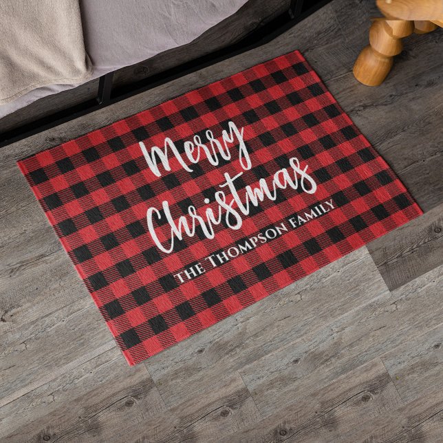 Merry Christmas Calligraphy Buffalo Check Pattern Rug (Merry Christmas Calligraphy script calligraphy script buffalo check.)