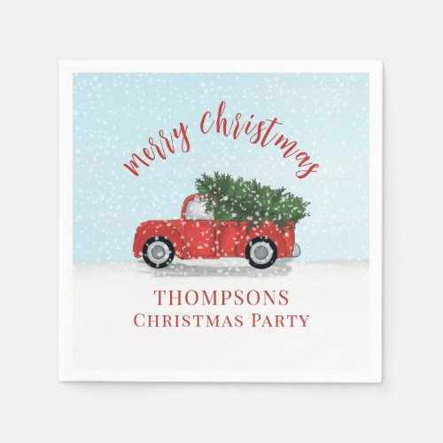 Merry Christmas Calligraphy Cute Rustic Red Truck Napkins