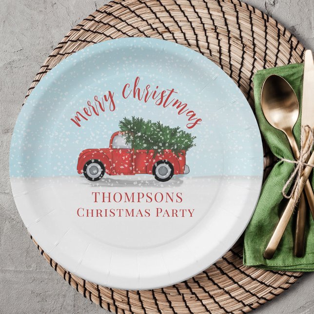Merry Christmas Calligraphy Cute Rustic Red Truck Paper Plates (Cute whimsical Christmas tree and rustic red truck winter scene paper plate. )