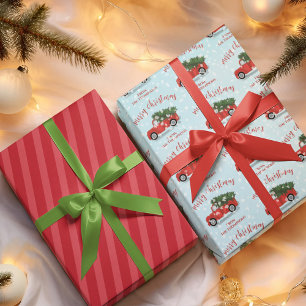 Merry Christmas Calligraphy Cute Rustic Red Truck Wrapping Paper Sheets