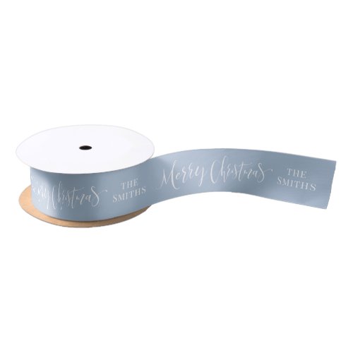 Merry Christmas Calligraphy Family Name Dusty Blue Satin Ribbon