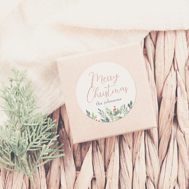 Merry Christmas Calligraphy & Family Name Greenery Classic Round Sticker (Creator Uploaded)
