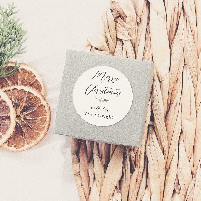 Merry Christmas Calligraphy & Family Name Pine Classic Round Sticker (Creator Uploaded)