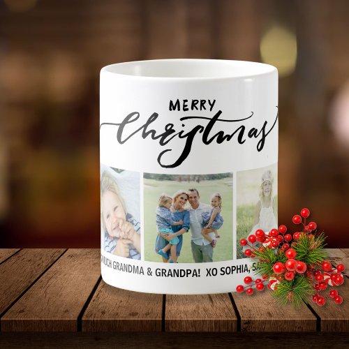 Merry Christmas Calligraphy Family Photos Custom Coffee Mug