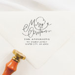 Merry Christmas Calligraphy Flourish Address Rubber Stamp<br><div class="desc">This wooden Christmas stamp features "Merry Christmas" written in chic hand-lettering. The script is decorated with elegant calligraphy flourishes. There is a cute little heart. Your family name appears underneath in classic serif typography. Your return address is printed at the bottom in simple sans-serif typography. Made to match our Joyful...</div>