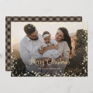 Merry Christmas Calligraphy Gold Snow Lights Photo Holiday Card