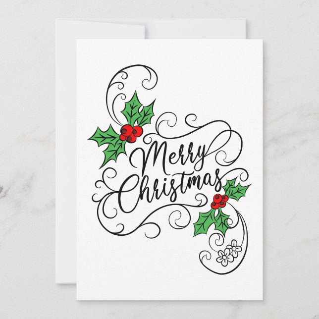 Merry Christmas Calligraphy Holly Greeting Holiday Card (Front)