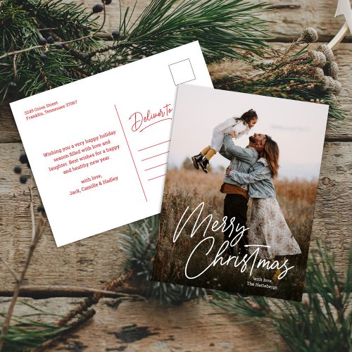 Merry Christmas Calligraphy Lettering Photo Holiday Postcard