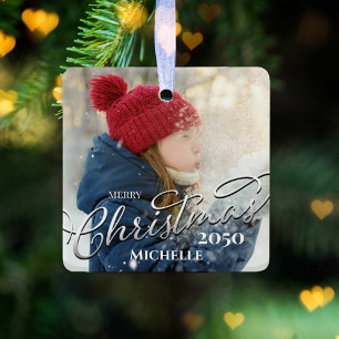 Merry Christmas Calligraphy Navy Blue Plaid Photo Ceramic Ornament