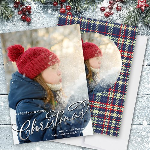 Merry Christmas Calligraphy Navy Blue Red Plaid Holiday Card