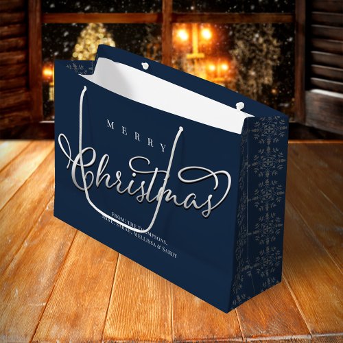 Merry Christmas Calligraphy Navy Blue Snowflake Large Gift Bag