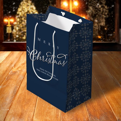 Merry Christmas Calligraphy Navy Blue Snowflake Medium Gift Bag